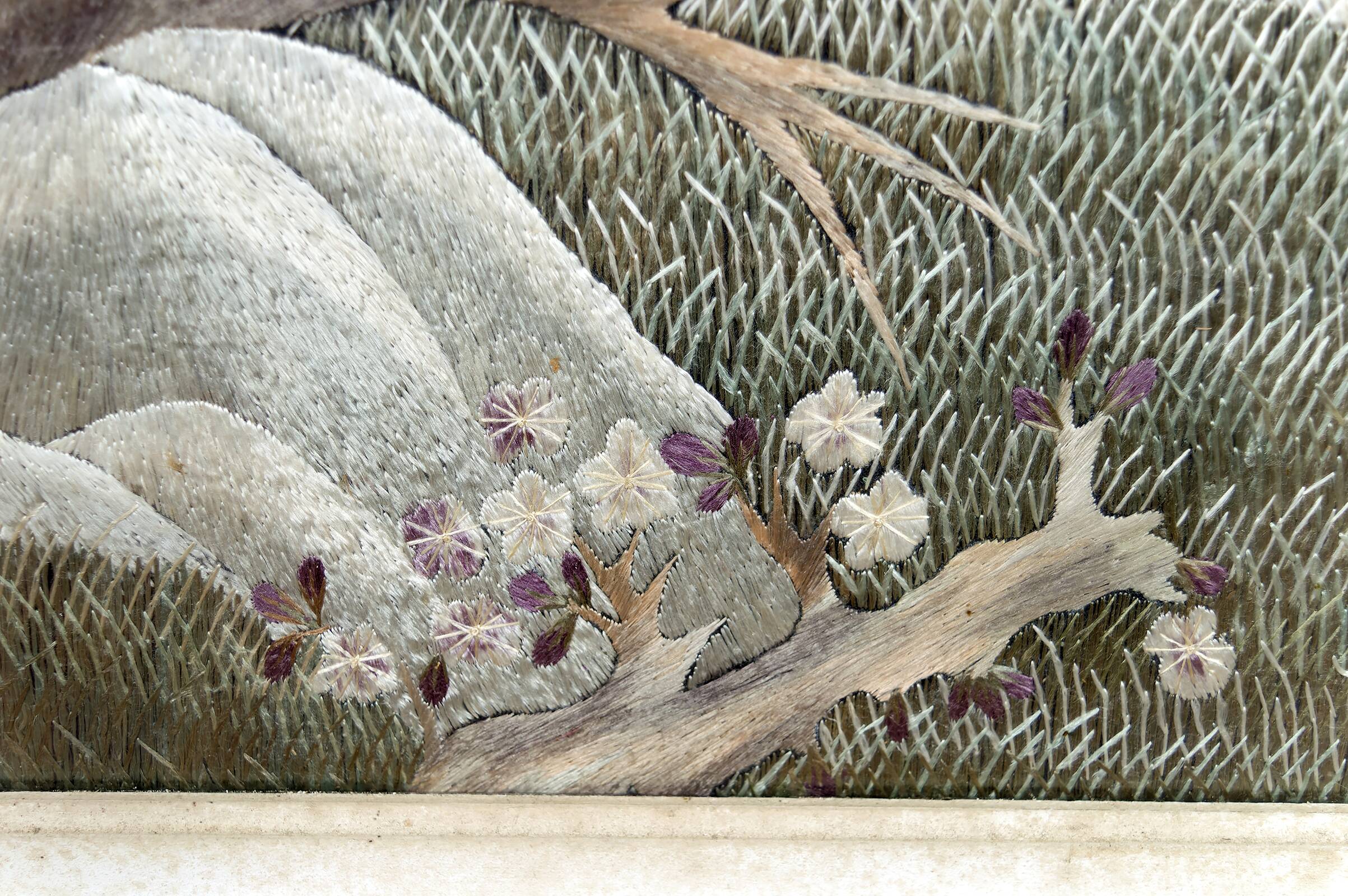 Important Indochinese silk embroidered hanging, Deer in the forest, circa 1940