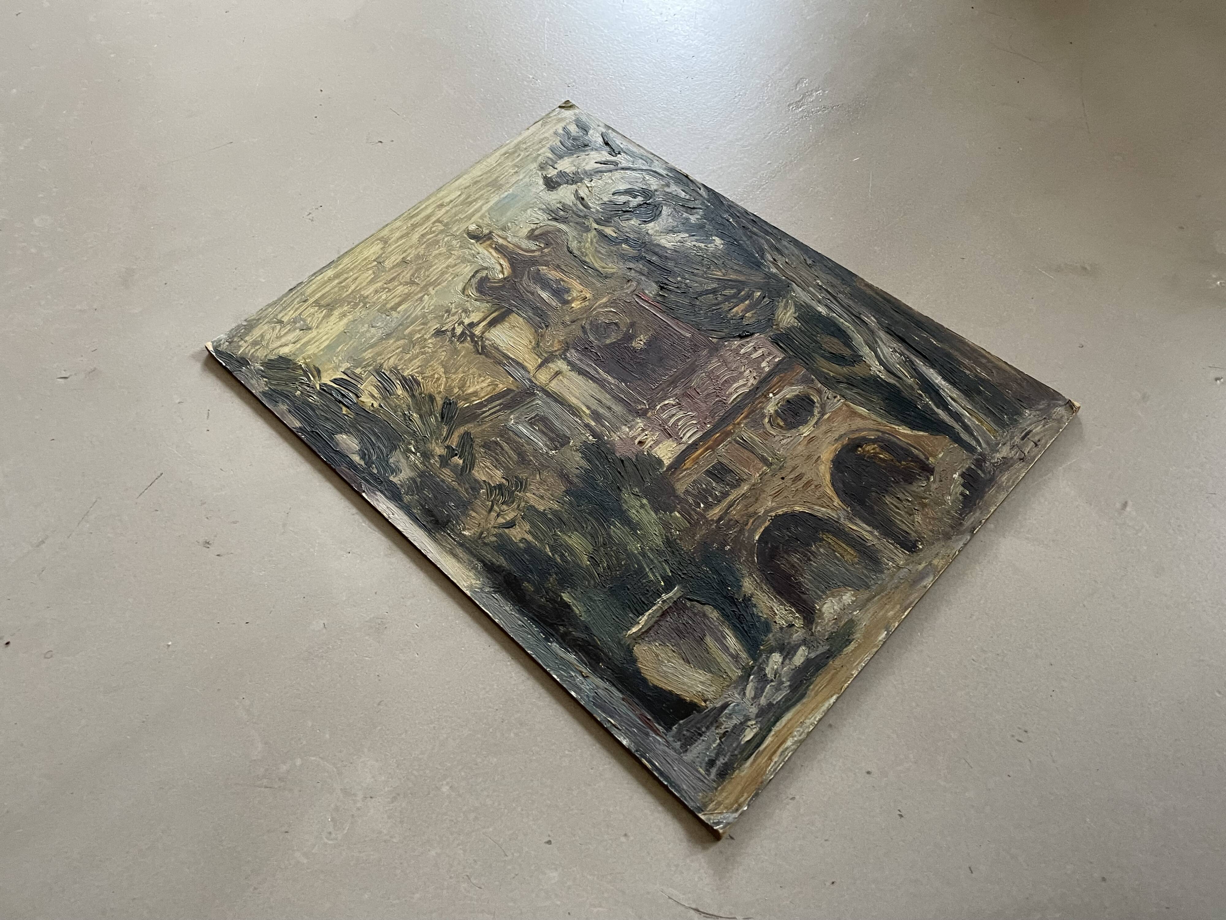 Tableau ancien, église baroque sur carton