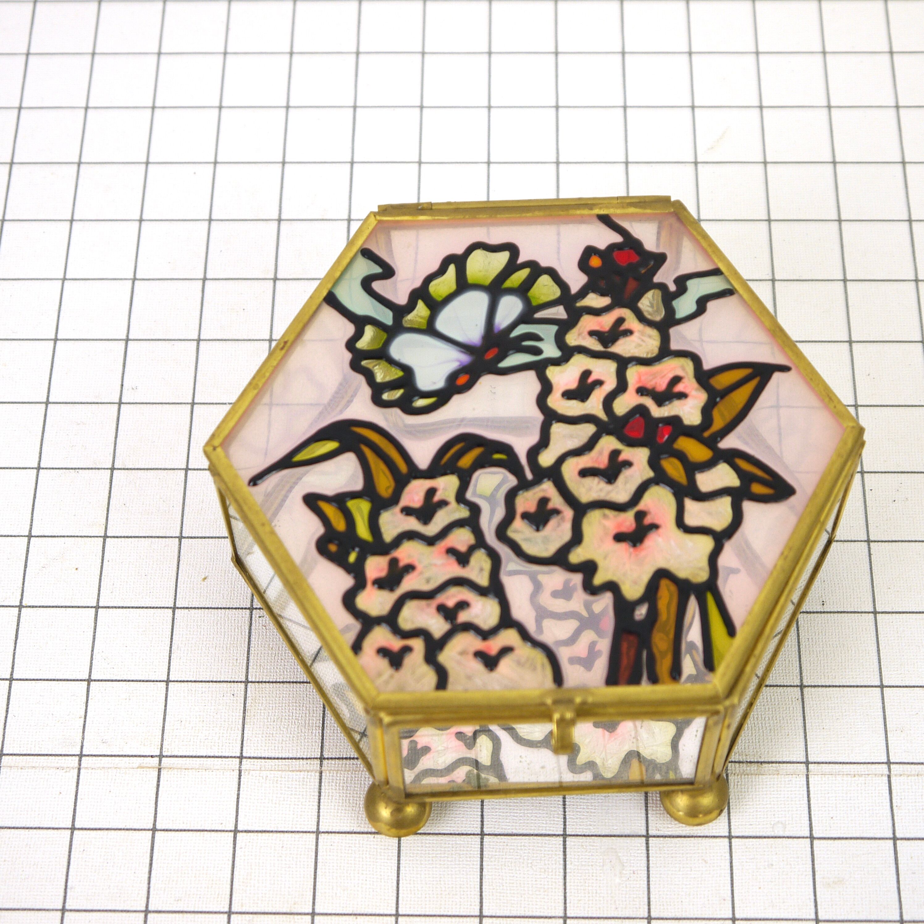 Brass box, glass and stained glass