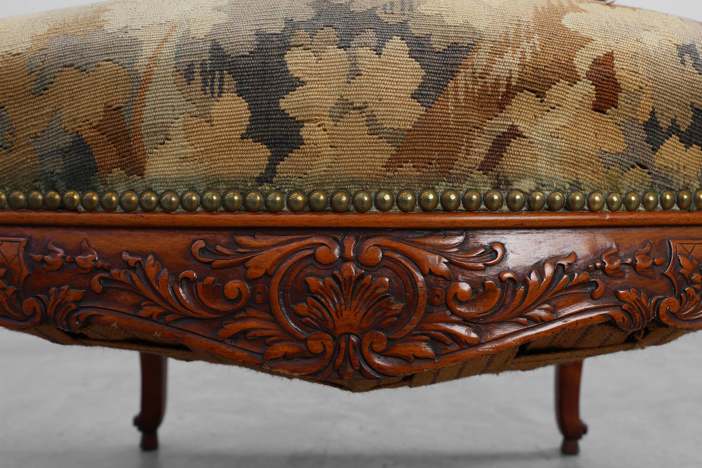 Carved Walnut Armchair with Cabriole Legs and Tapestry Upholstery, France