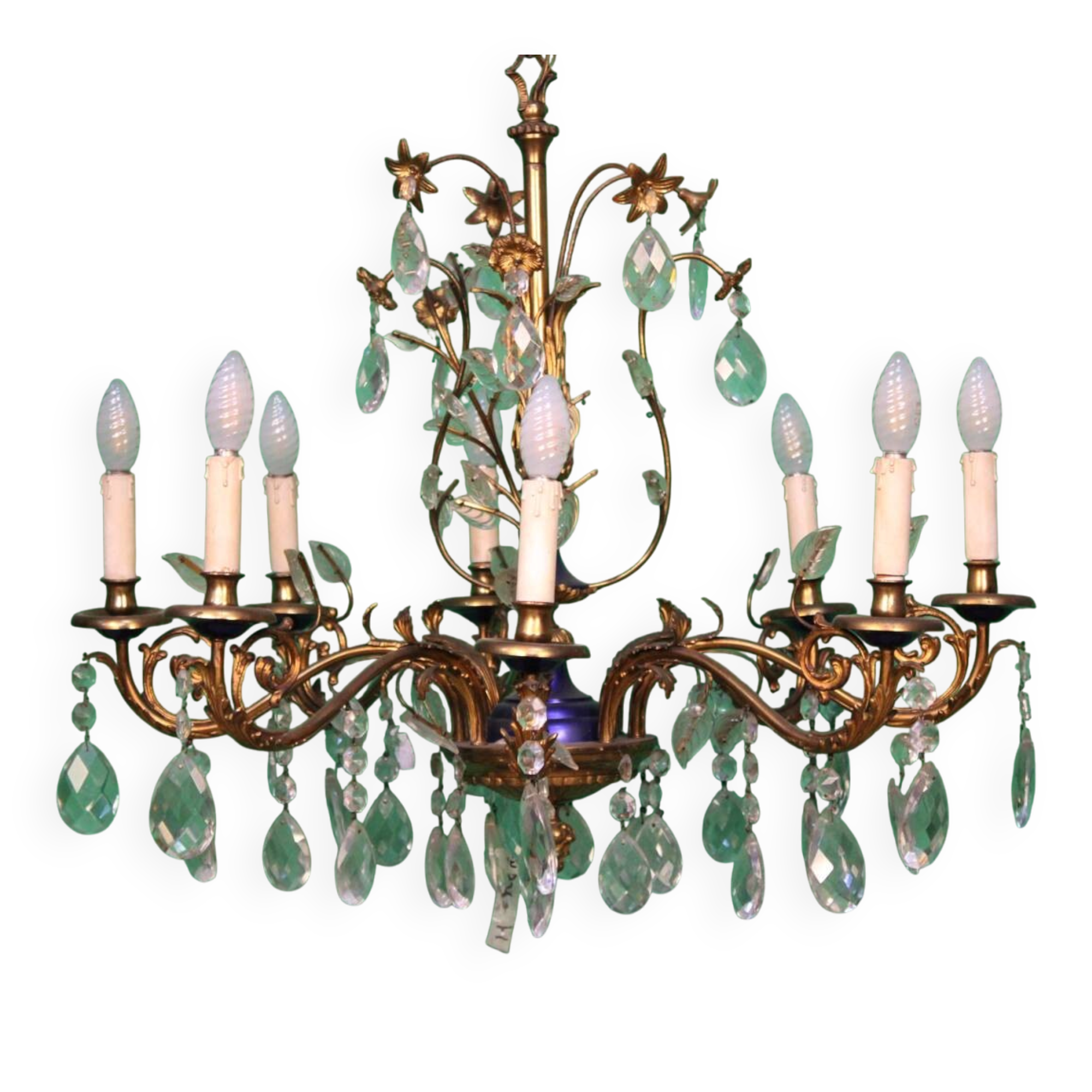 19th-century French gilt bronze chandelier featuring brass flowers and
