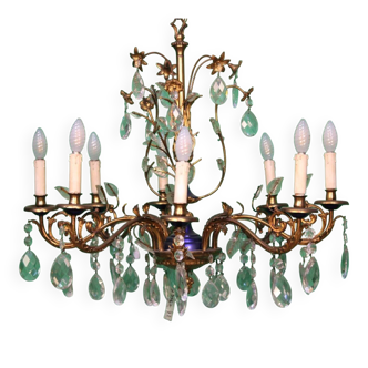 19th-century French gilt bronze chandelier featuring brass flowers and