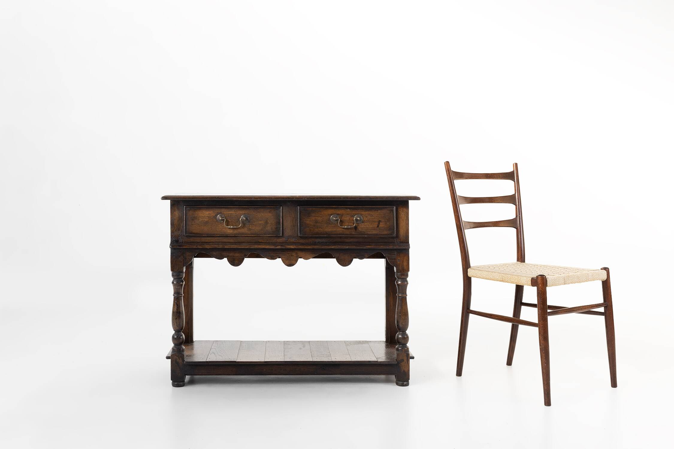 French 20th century oak side table with 2 drawers, ca. 1960