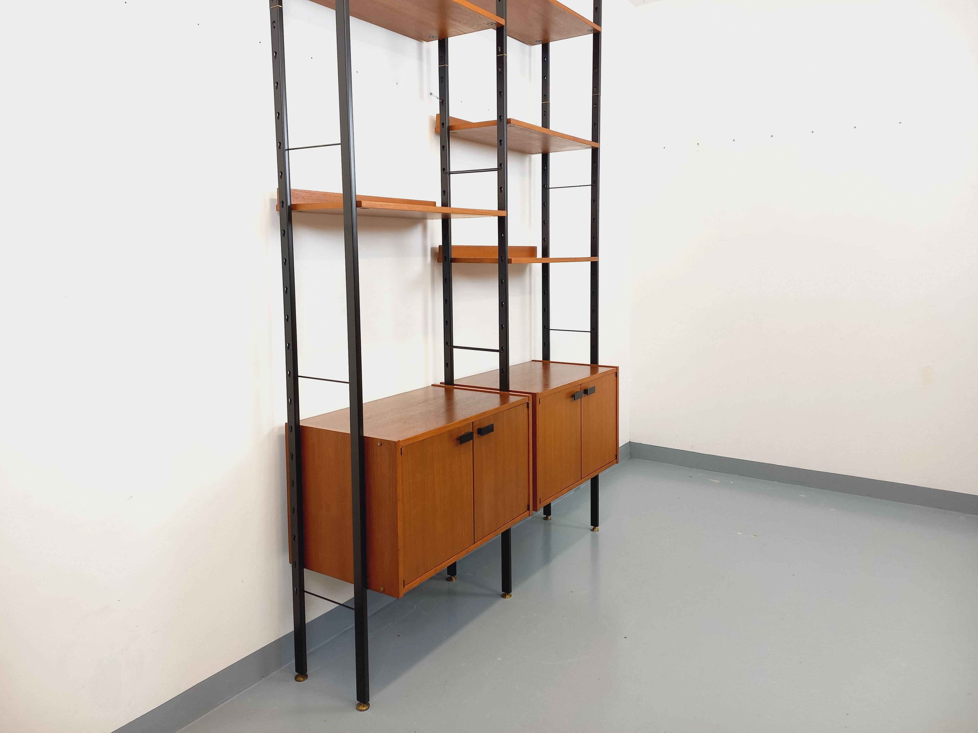 Vintage Italian double modular shelf bookcase in teak and metal