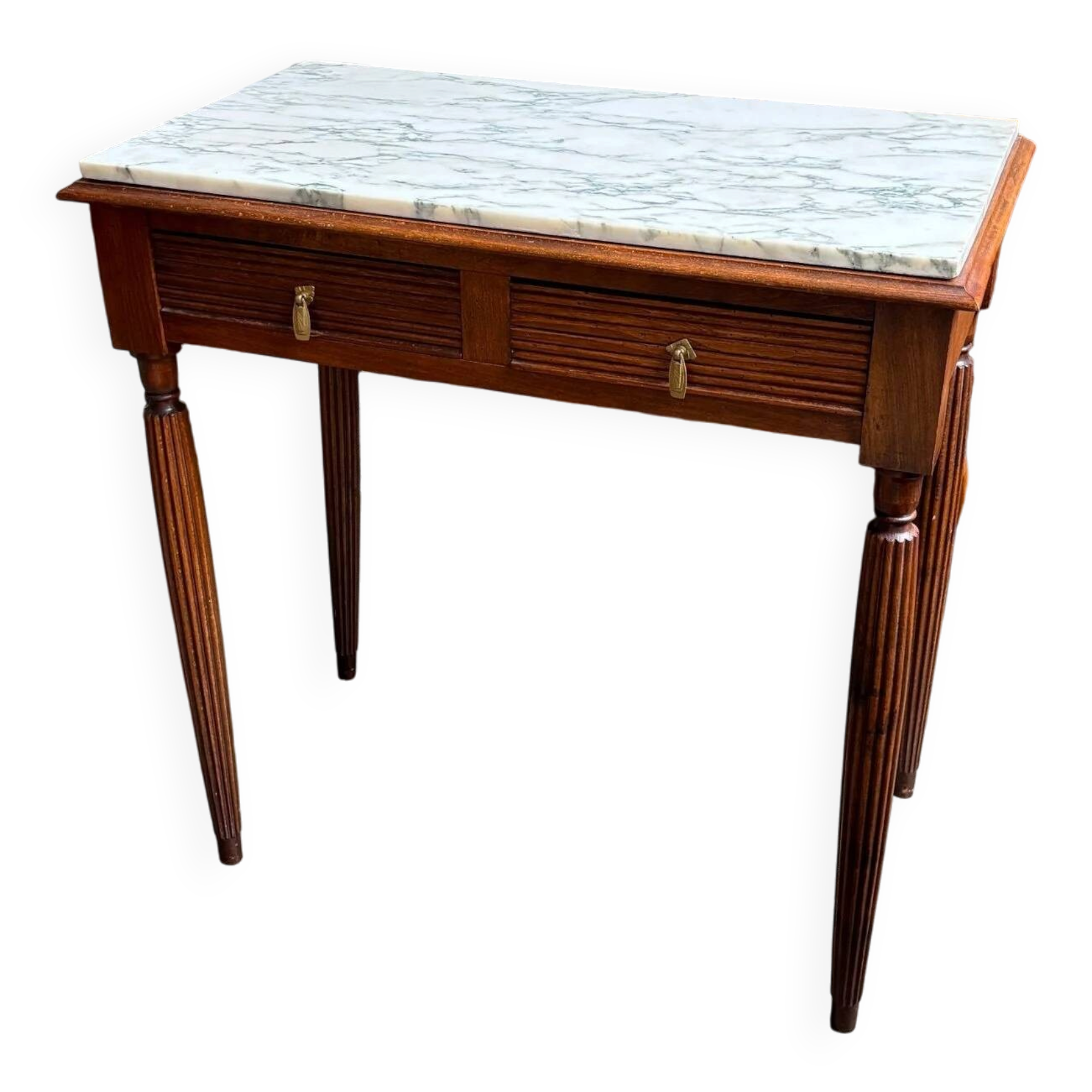 Desk, dark wood and marble side table