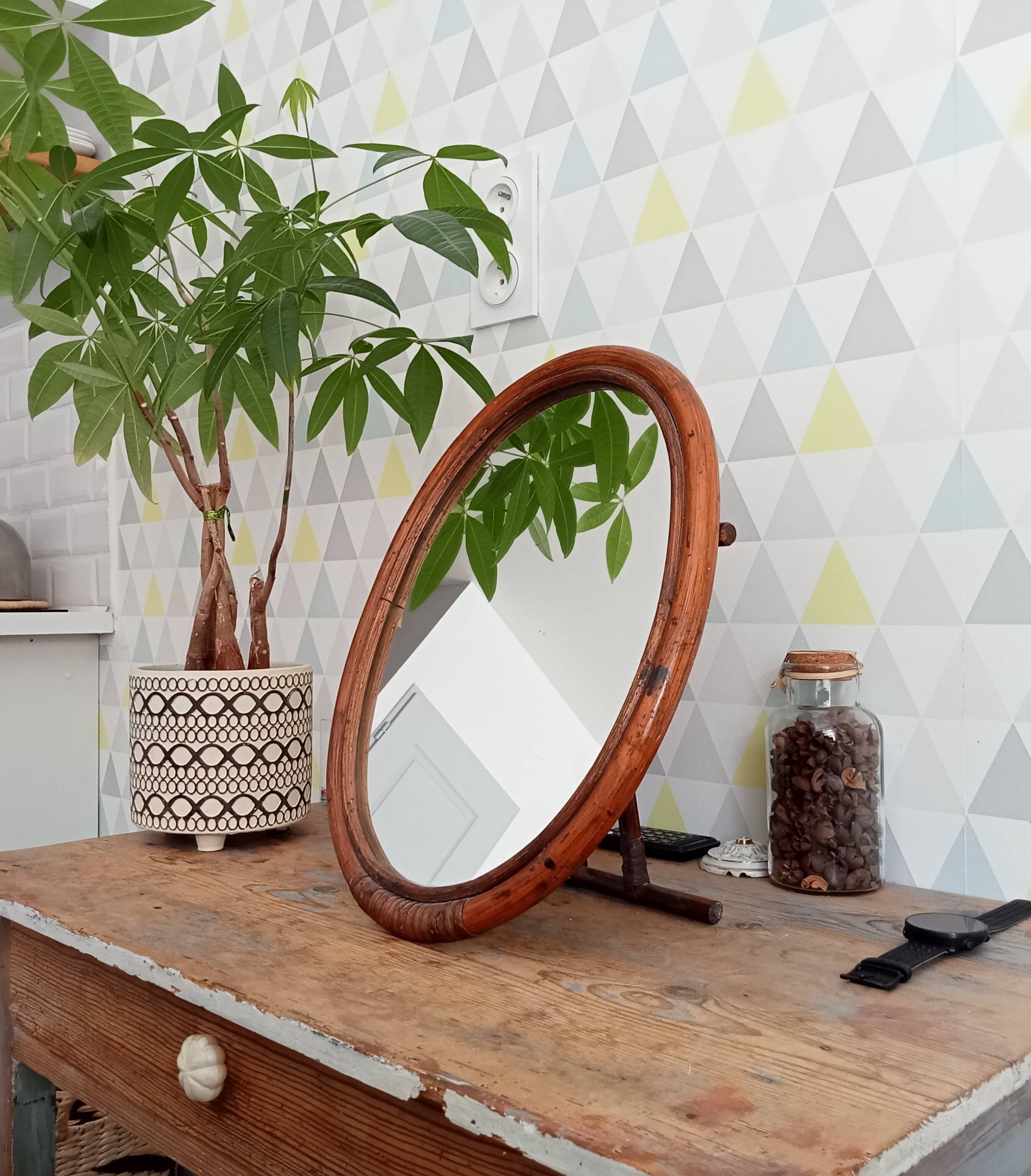 Antique rattan table mirror early 20th century