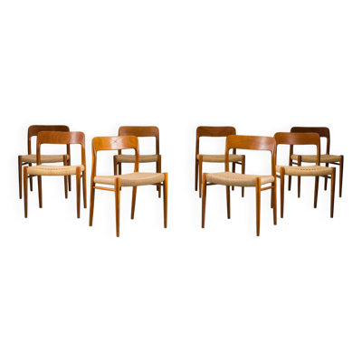 8 chaises de salle à manger danoises en teck modèle 75 par Niels Møller, années 1960