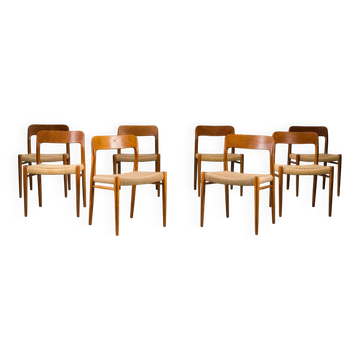 Danish teak Model 75 dining chairs by Niels Møller, 1960s, set of 8