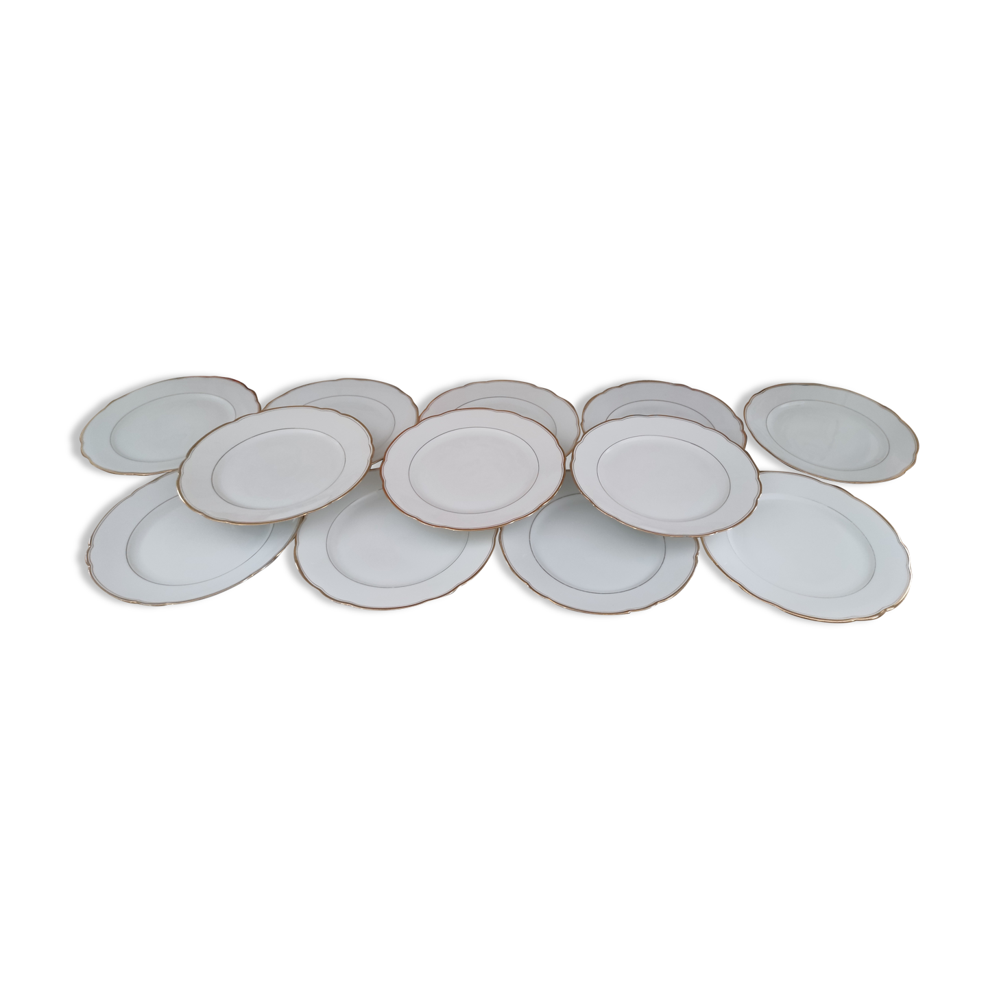 Lot de 12 assiettes plates en porcelaine suisse blanche double liseré doré "VSK USC Viribus Unitis"