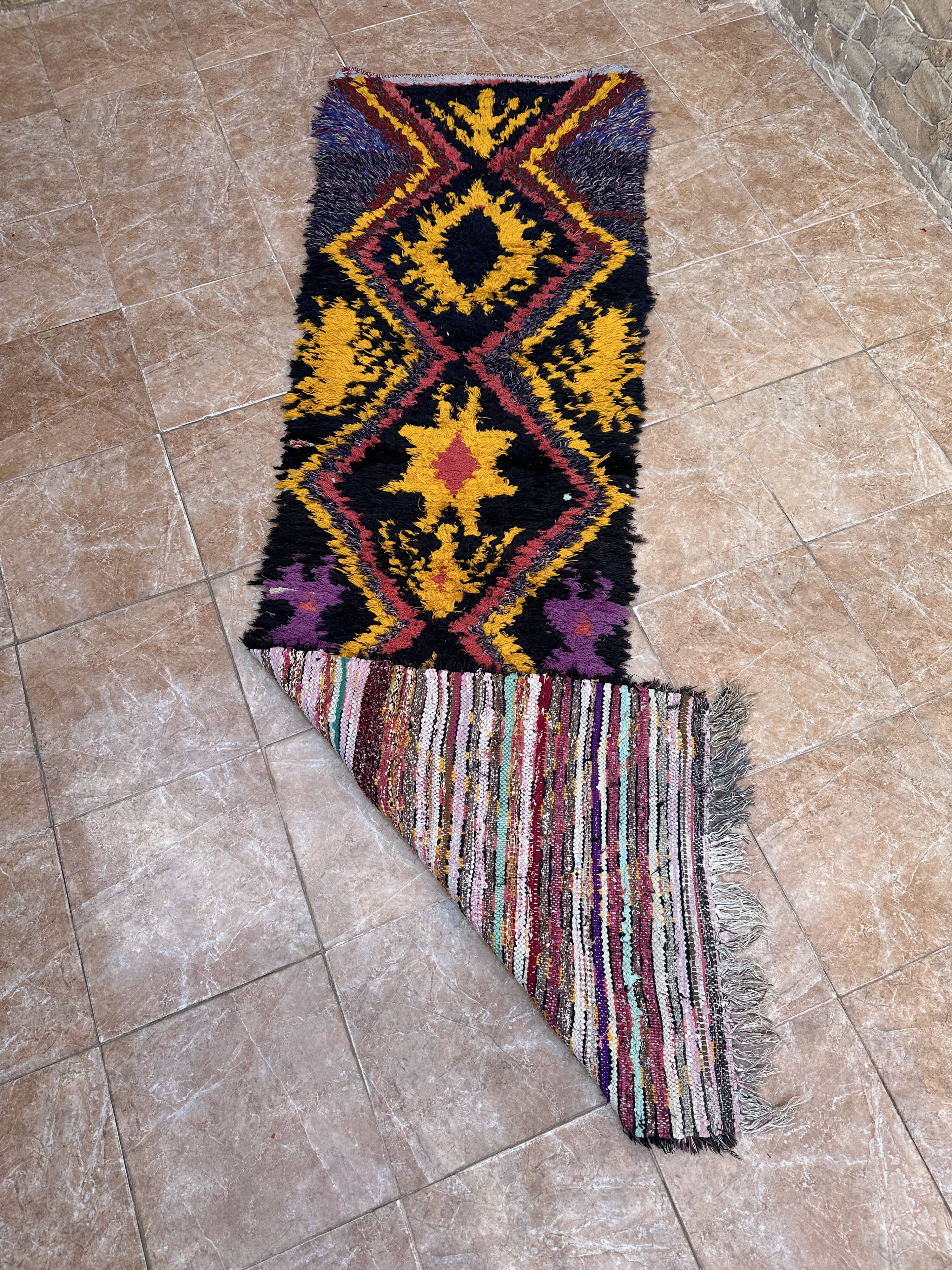Tapis de couloir Boucherouite vintage tissé à la main, Maroc