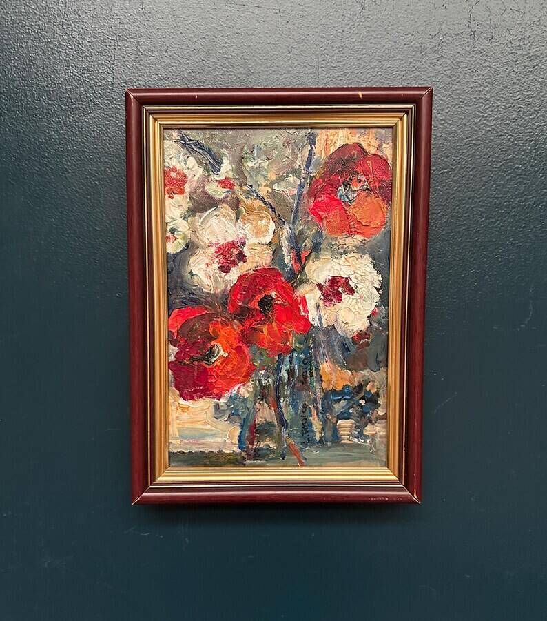 Swedish Oil on Canvas“Red Poppies and White Blossoms” by L. Stokes, Vintage