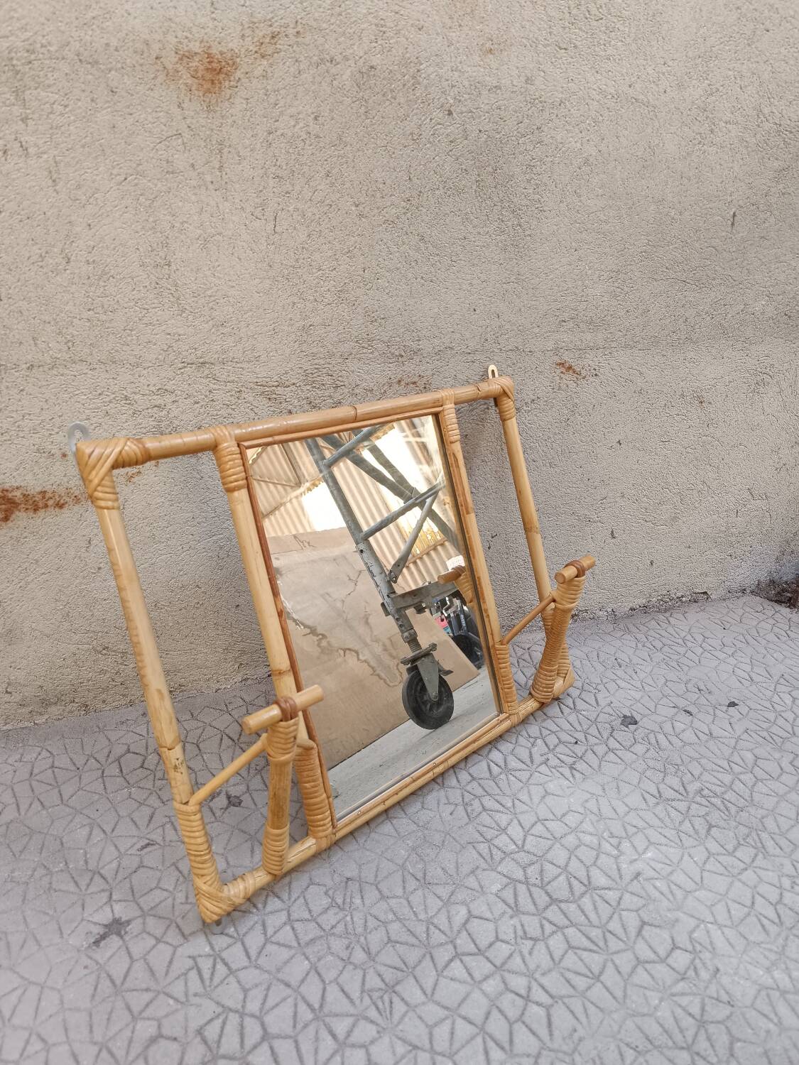 Vintage rattan wicker mirror wall coat rack