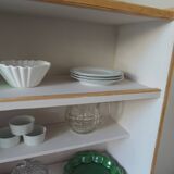 Vintage bookshelf in oak veneer, pearl grey interior, metal legs.