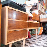 Portuguese mid-century credenza circa 1966. Tola wood with melamine and exotic wood veneer
