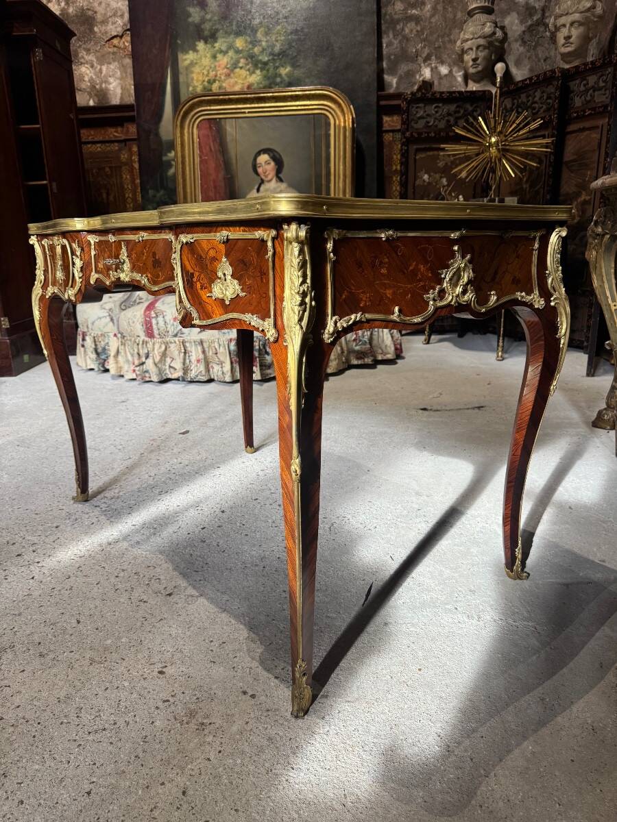 Louis XV style flat desk with marquetry from the Napoleonic III period.