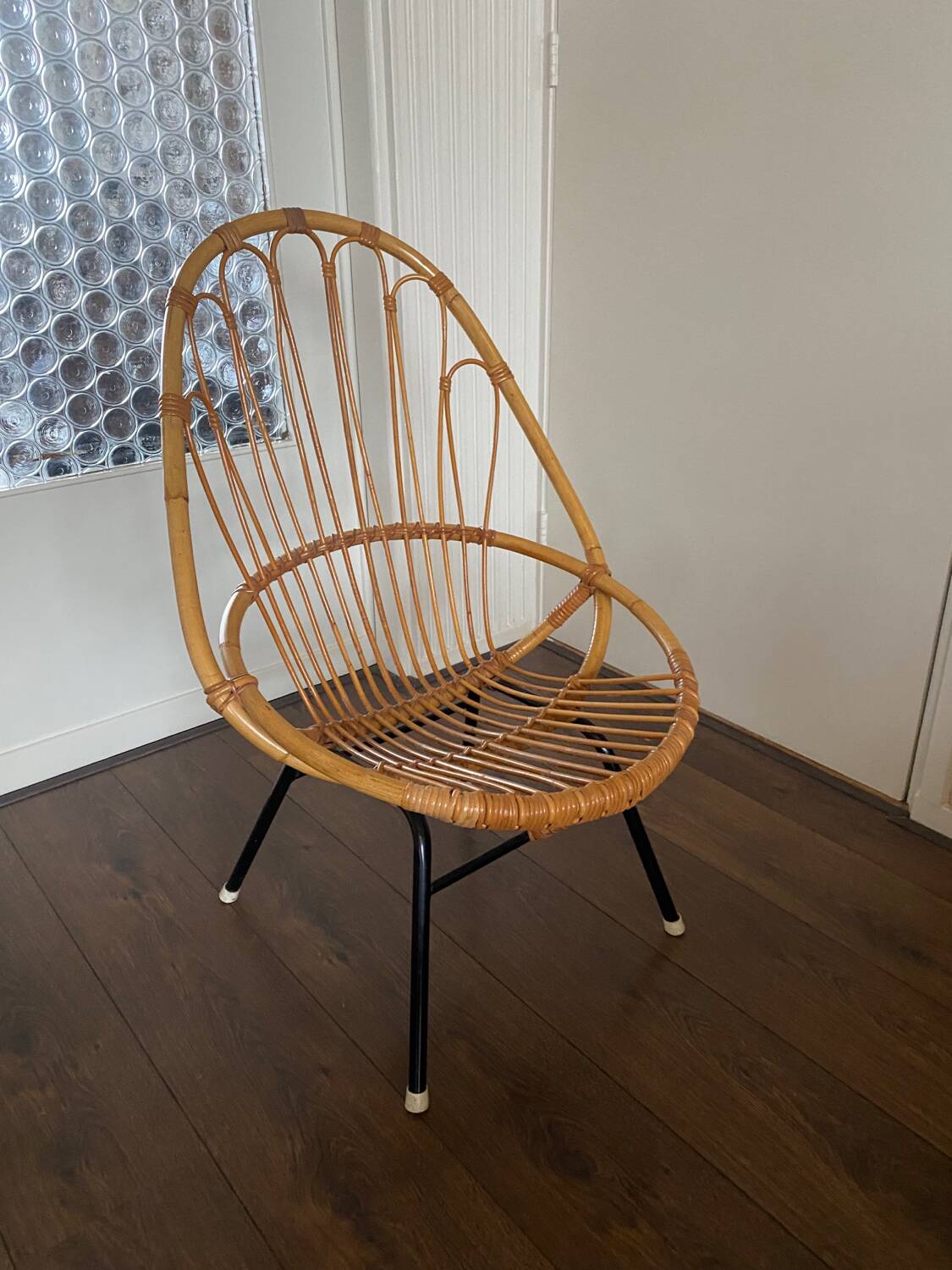 Mid-Century Rattan and Steel Easy Chair by Rohé Noordwolde, 1950s
