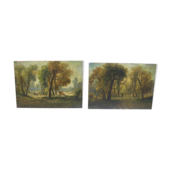 Deux peintures anciennes  "scènes de chasse"