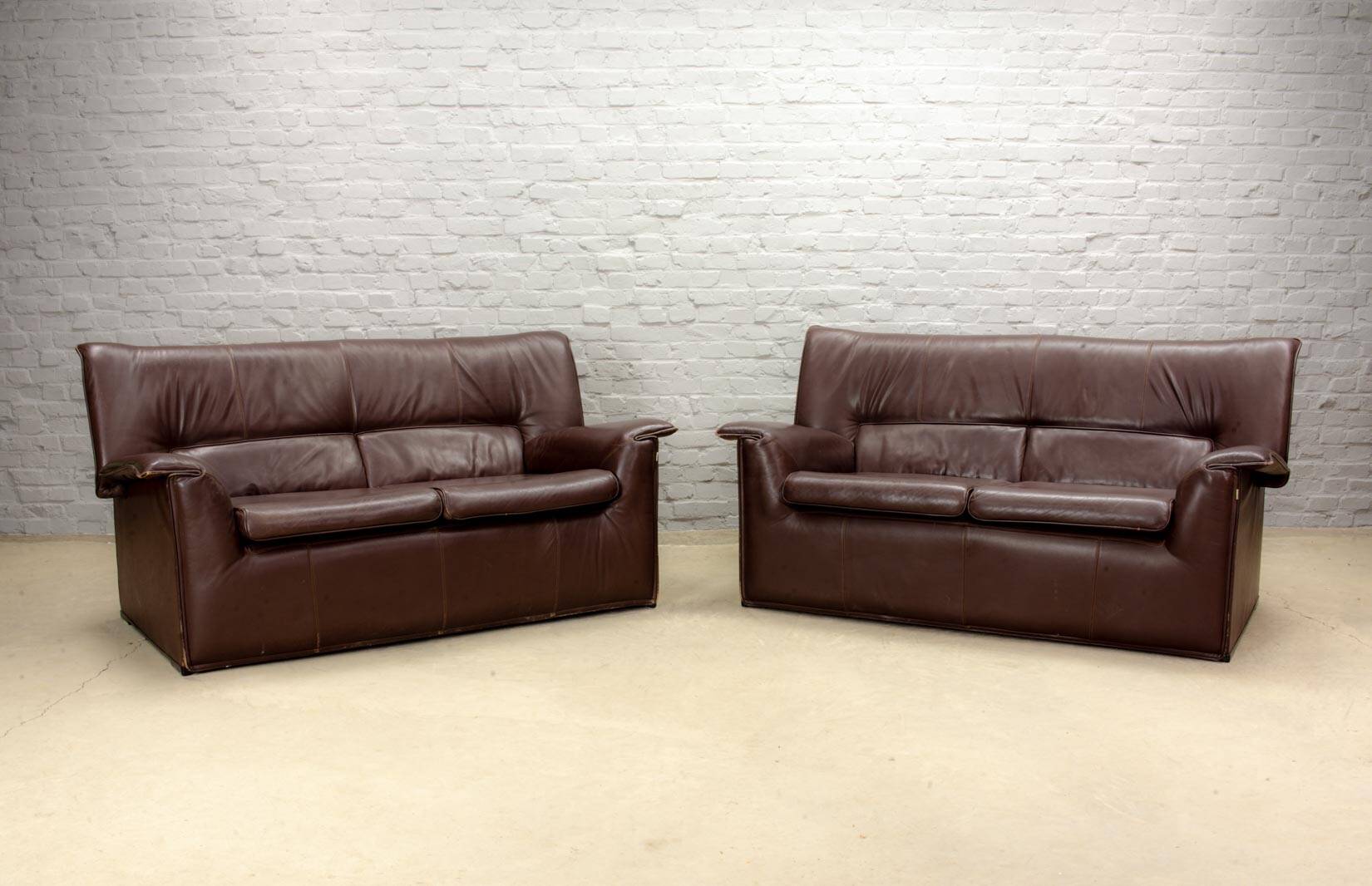 Afra and Tobia Scarpa for B&B Italia Chocolate Brown Leather Two Seat Sofas