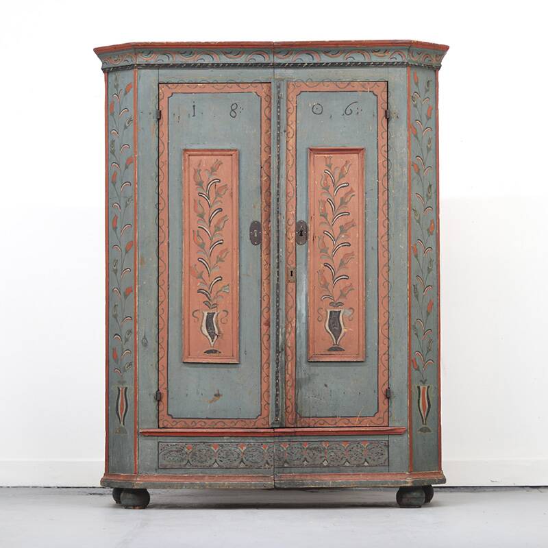 Rustic Farmhouse Folk Art Painted Bridal Cabinet dated 1806
