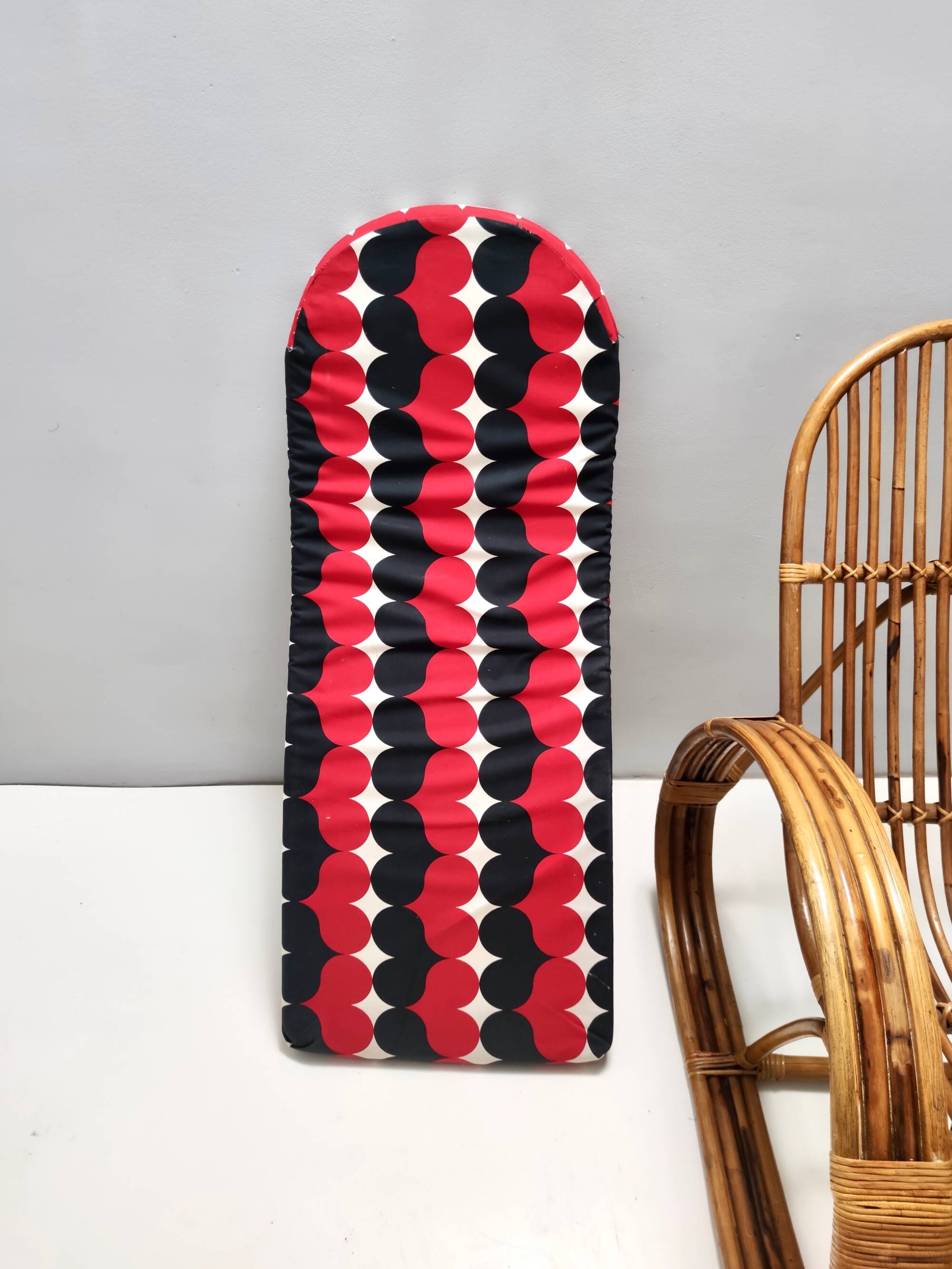 Postmodern Bamboo Rocking Chair with Red, Black and White Fabric Upholstery