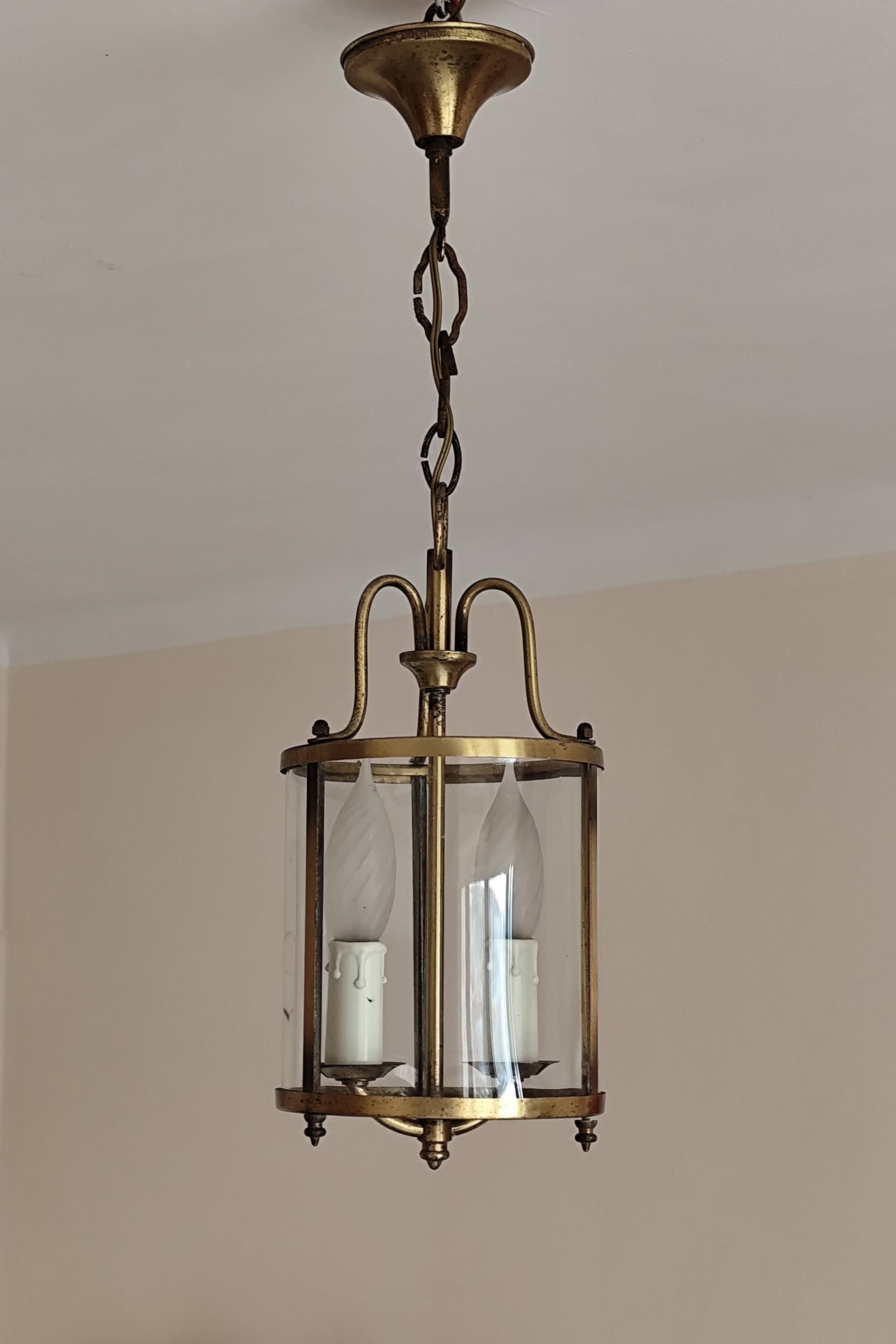 Cylindrical brass and glass lantern in Louis XVI style.