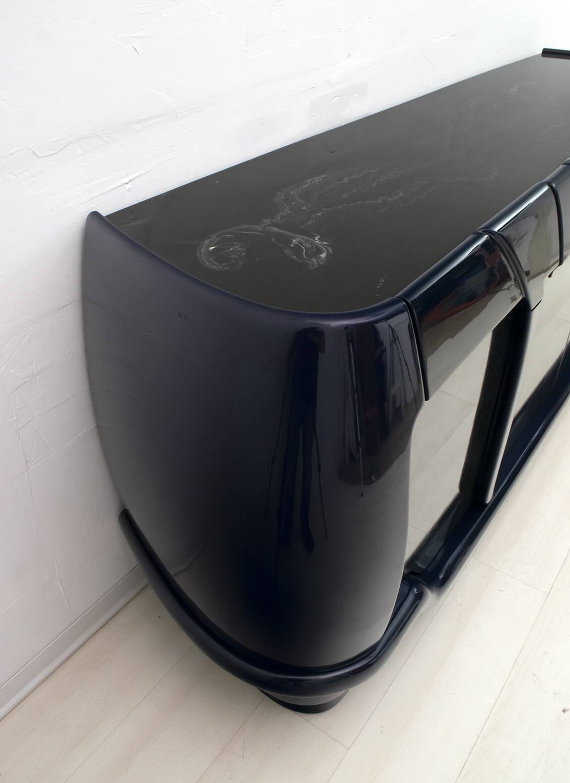 Postmodern Blue Lacquer and Black Marble Sideboard by DBM, Italy, 1980s