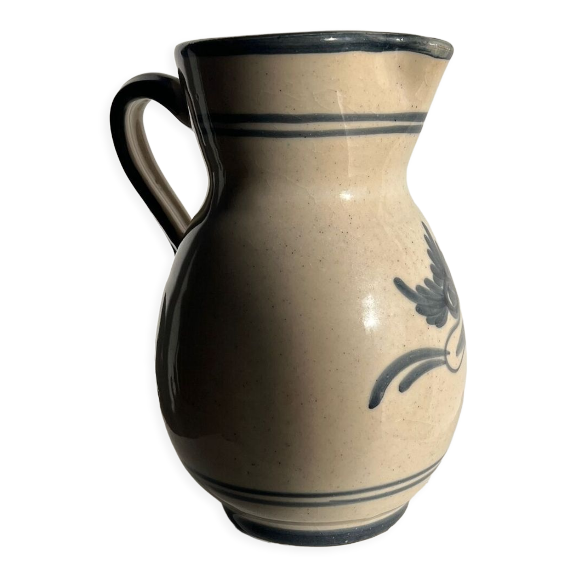 Off-white glossy ceramic decanter, hand-painted gray blue patterns H:20cm