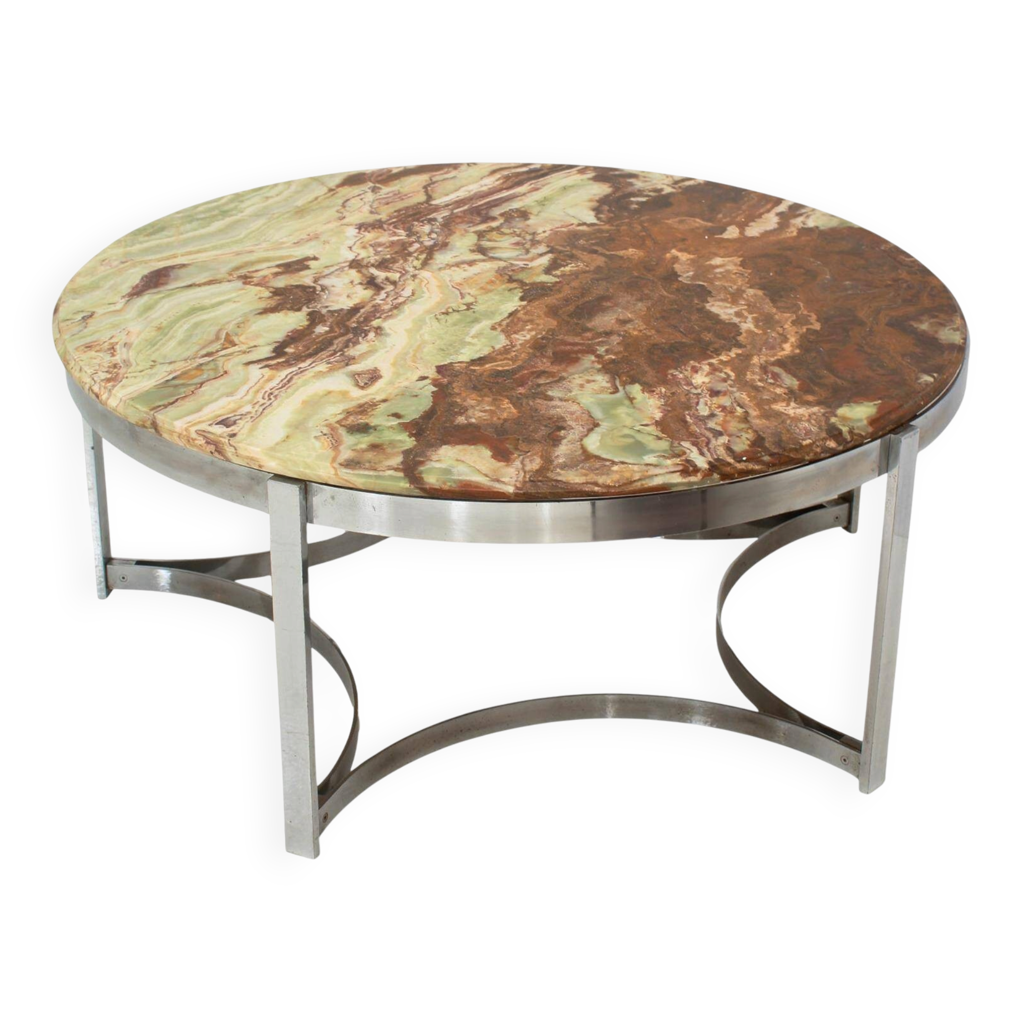 Mid-Century Modern Italian Round Coffee Table with Onyx Top and Sleek Steel Fram