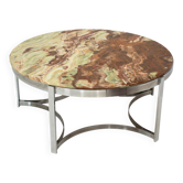 Mid-Century Modern Italian Round Coffee Table with Onyx Top and Sleek Steel Fram