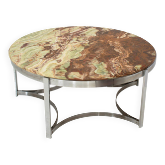 Mid-Century Modern Italian Round Coffee Table with Onyx Top and Sleek Steel Fram
