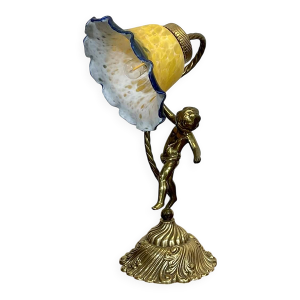Lampe en bronze et tulipe en pâte de verre - travail des années 1970