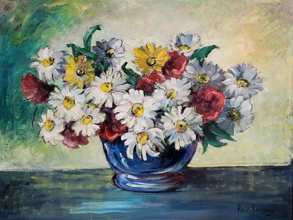Bournay Rosebush: Oil painting on canvas, still life with flowers