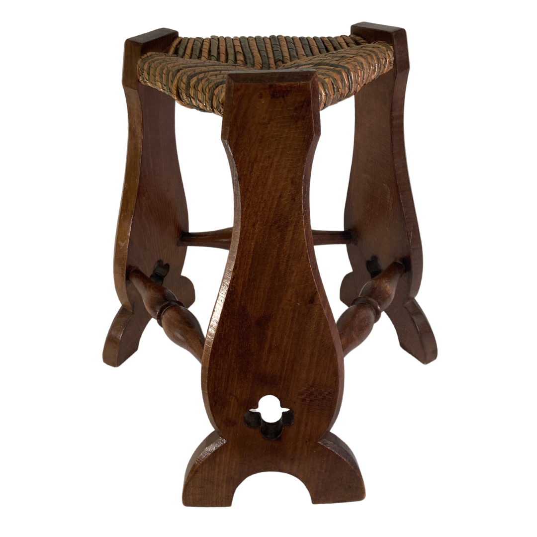 Pair of brutalist neo gothic rush oak tripod stools, France ca 1960s