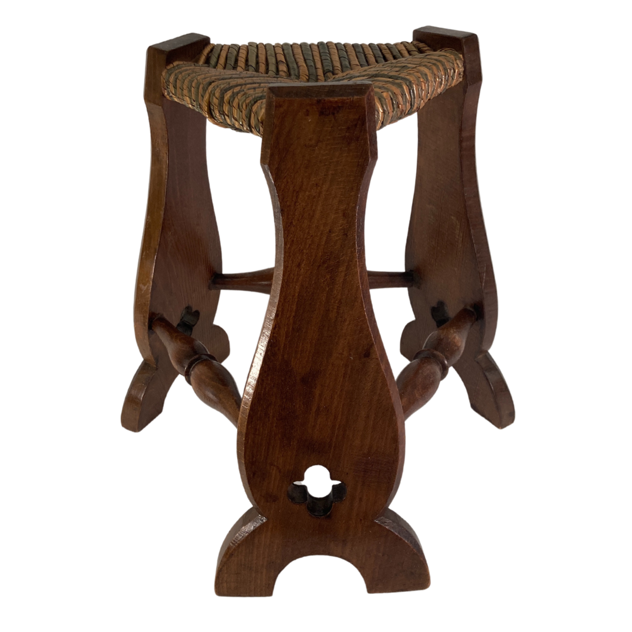 Pair of brutalist neo gothic rush oak tripod stools, France ca 1960s