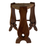 Pair of brutalist neo gothic rush oak tripod stools, France ca 1960s