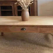 Large antique farmhouse coffee table in raw solid oak with 1 drawer.