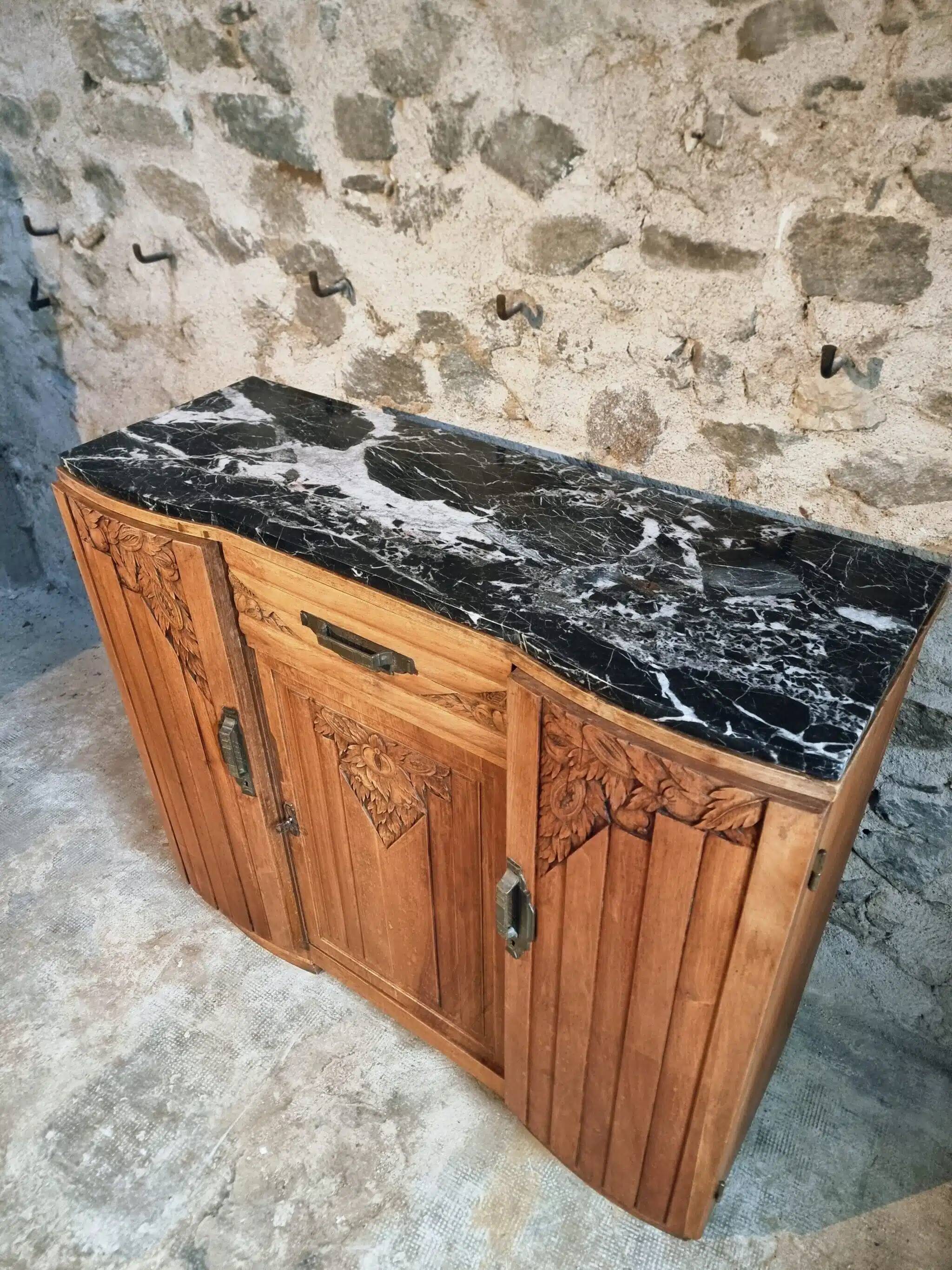 French Art Deco walnut sideboard with marble top, 1920s