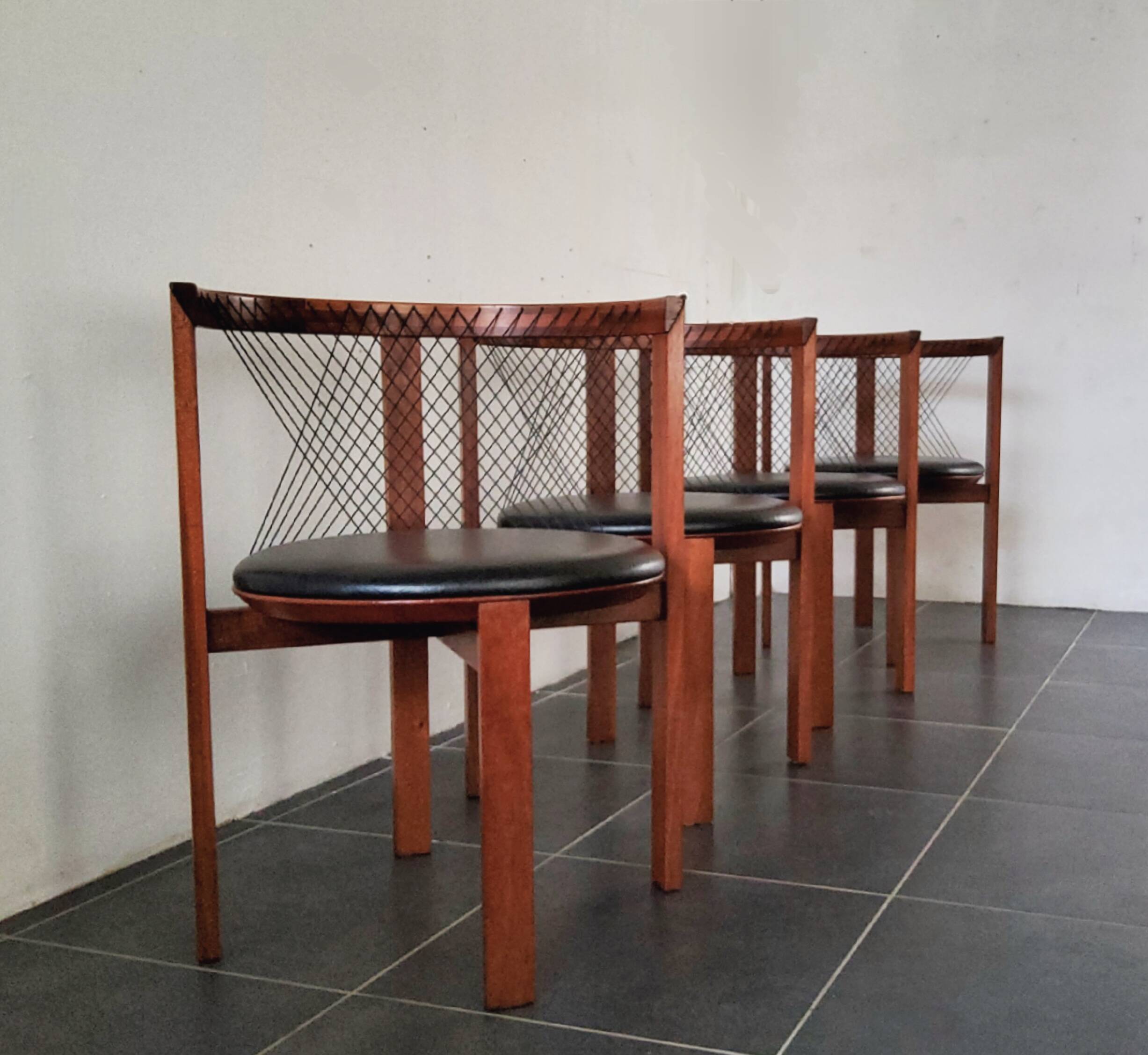 Niels Jorgen Haugesen String wood and leather chairs for Tranekaer, Denmark