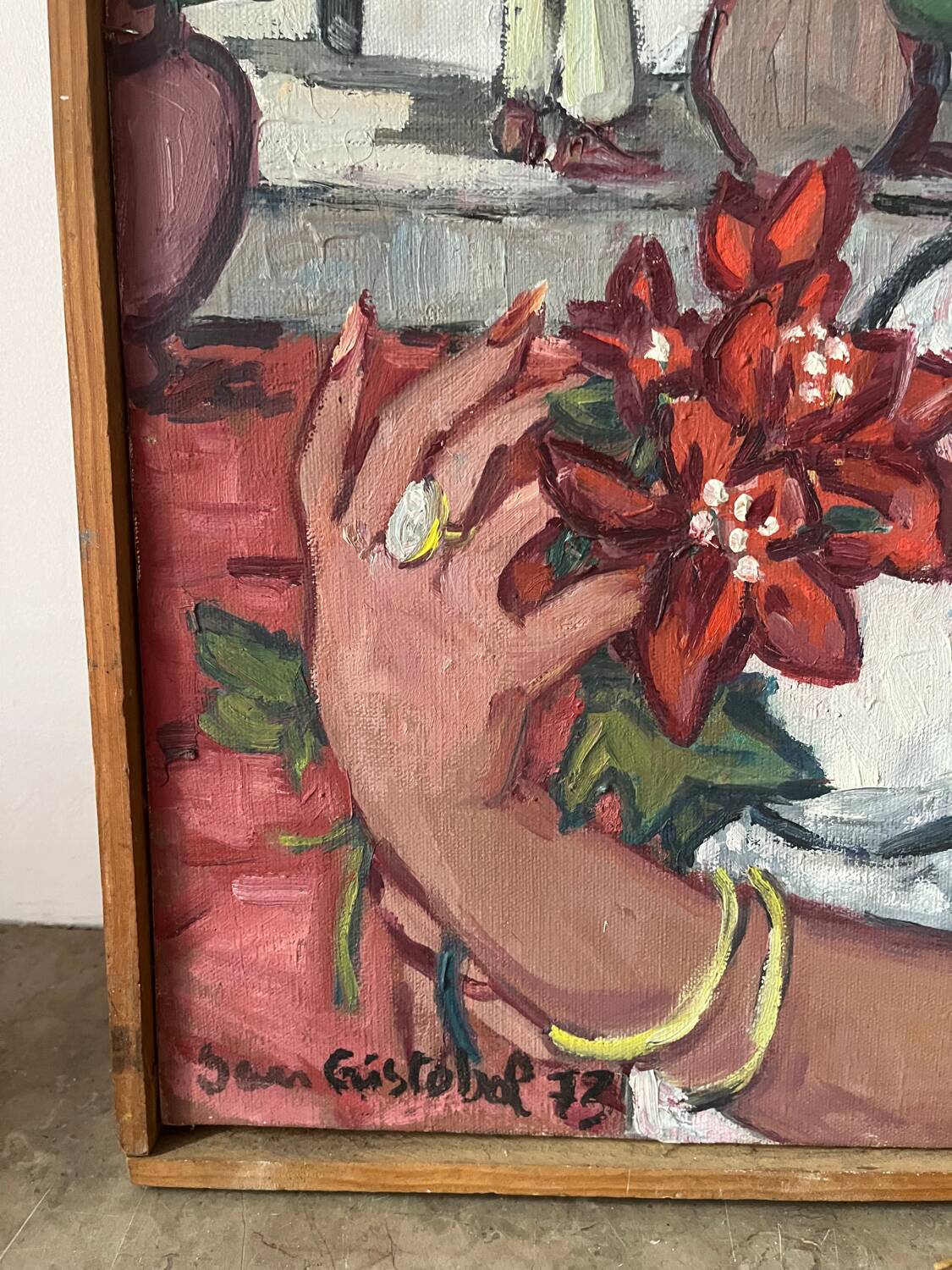 Spanish woman with a red bouquet, signed 1978.