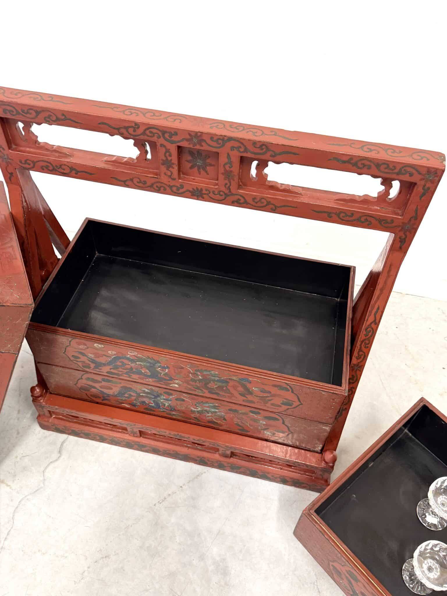 Chinese wedding chest, lacquered wood, hand-painted decoration