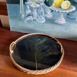 Vintage rattan tray with peacock feather