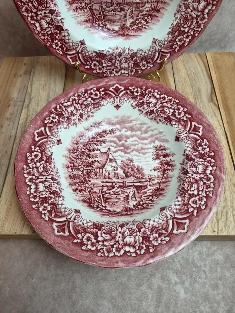 2 vintage deep plates in red Toile de Jouy by Grindley Homeland Staffordshire England.