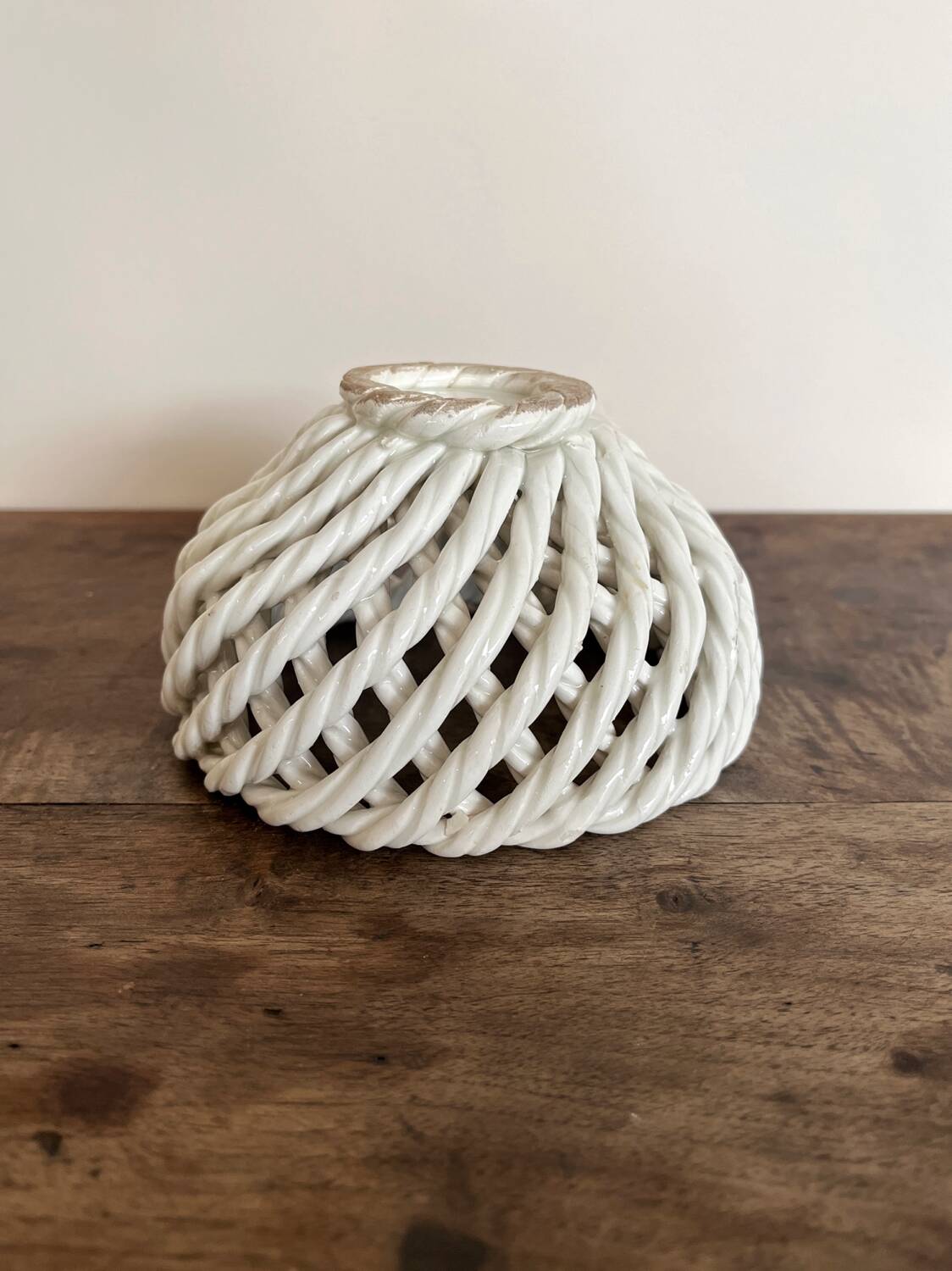 Small vintage white woven ceramic basket