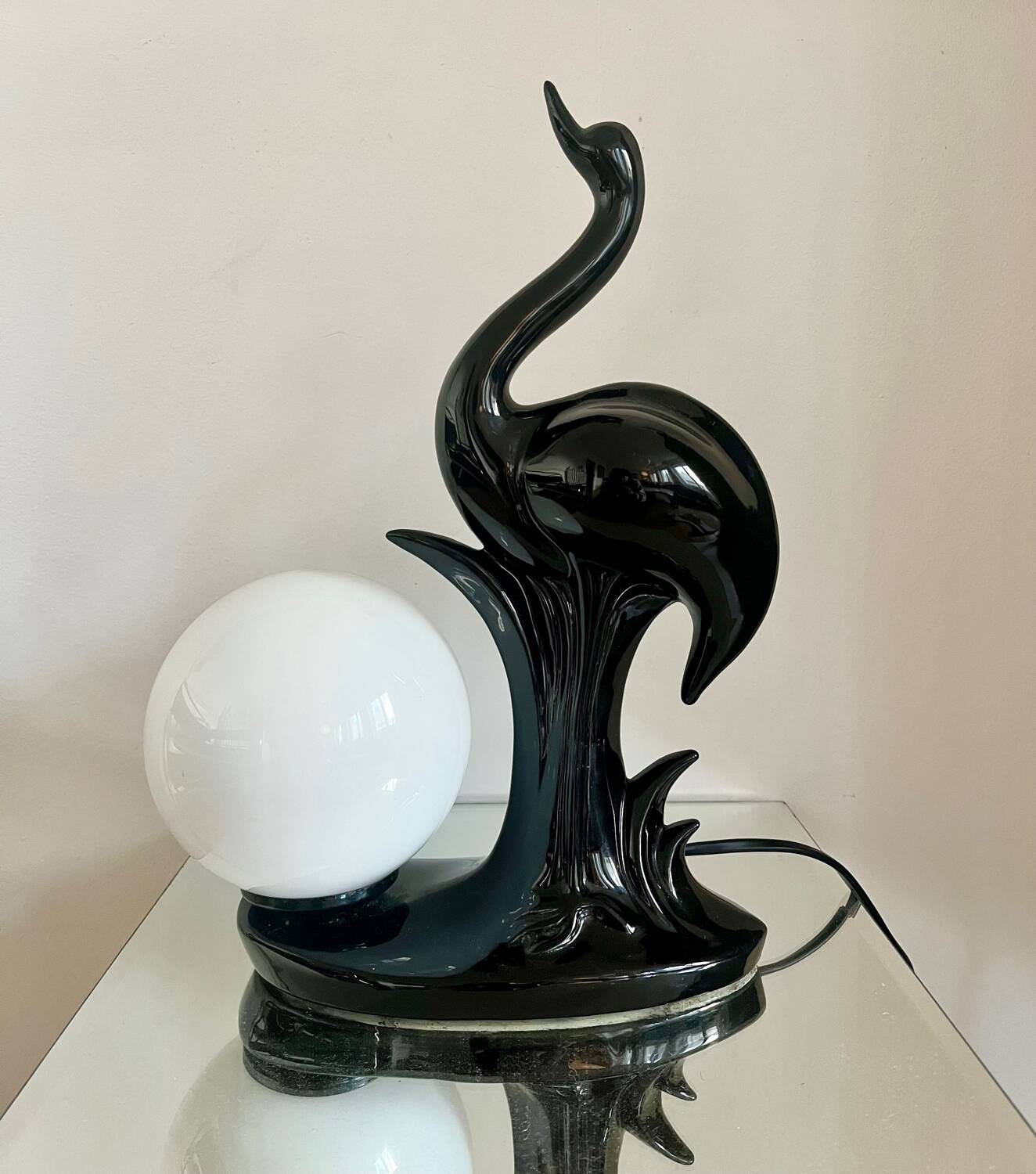 Vintage ceramic lamp with opaline globe