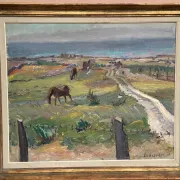 Original Swedish Oil on Canvas – "Coastal Scene with Horses" by Georg Lodström – Signed – 1947 – Framed – 77 × 66 cm