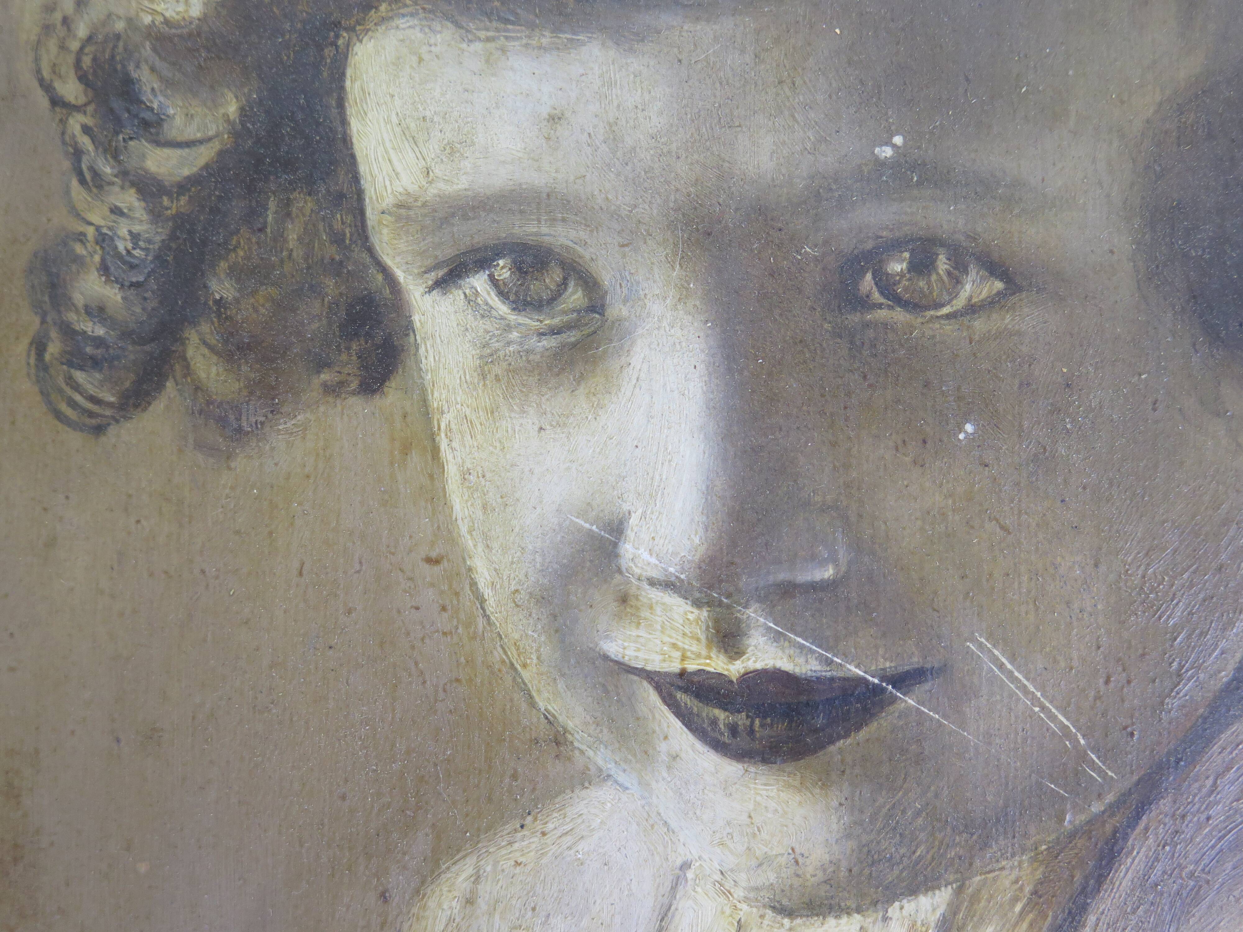 Antique oil painting portrait young lady oil on panel with gilded frame