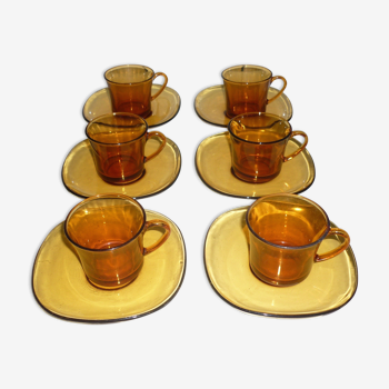 Ensemble de 6 tasses et sous-tasses ambré de DURALEX
