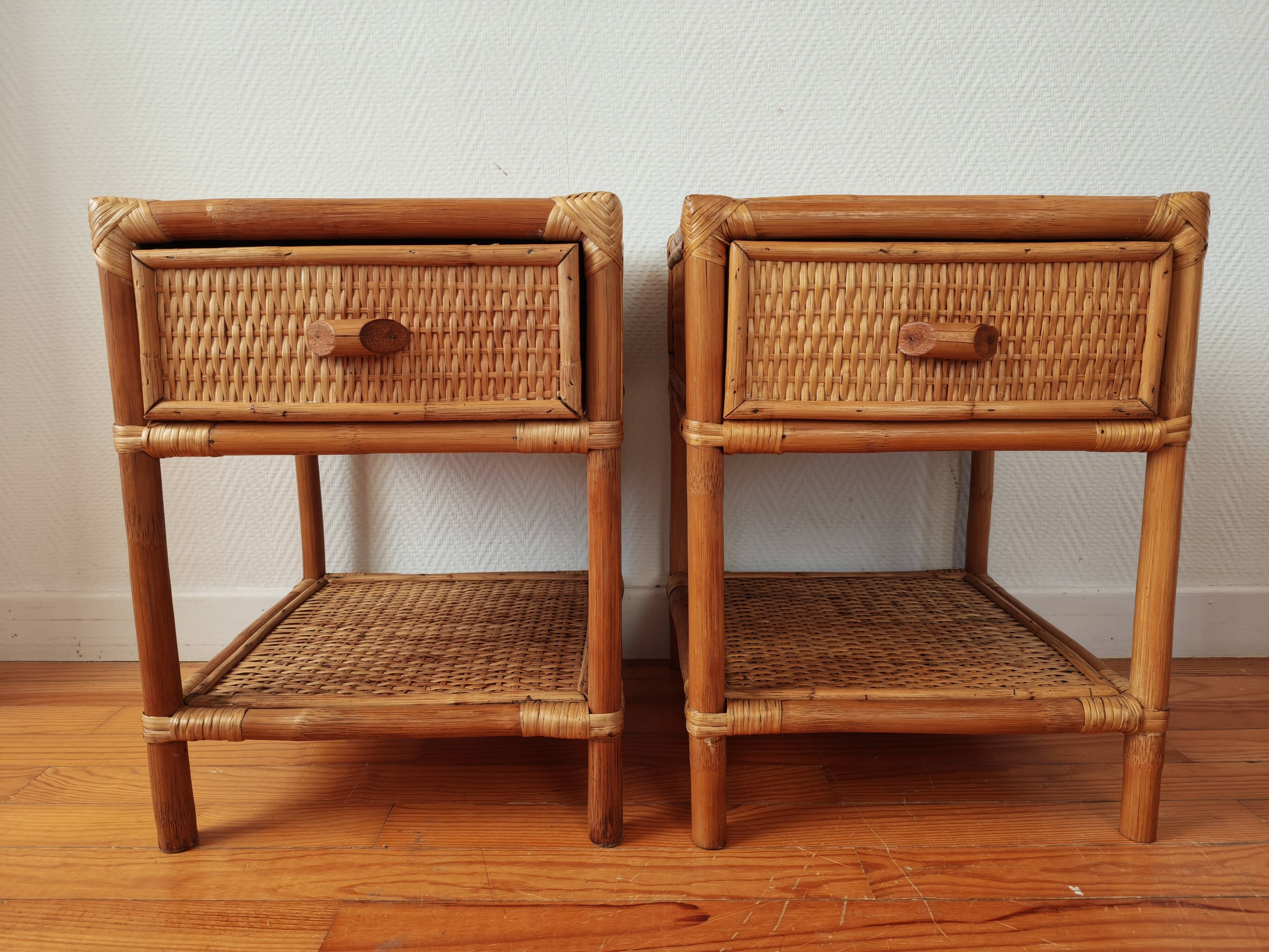 Pair of bedside tables in rattan and wicker - circa 1970
