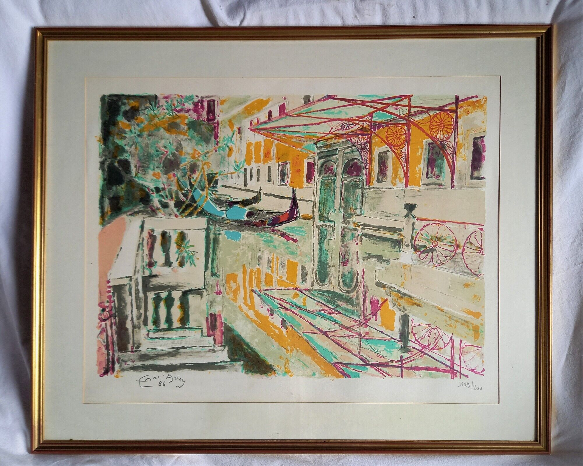 Venice, Les gondoles sur le canal - Original lithograph by Edouard Georges Mac-Avoy,1986