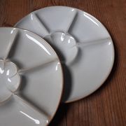 set of 4 compartmentalized fondue plates, white glazed stoneware - de Montgolfier / France